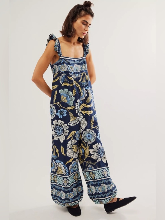 Free People Pants - NWOT Free People Bali Albright Floral Boho Jumpsuit Blue Navy Multi 100% Cotton